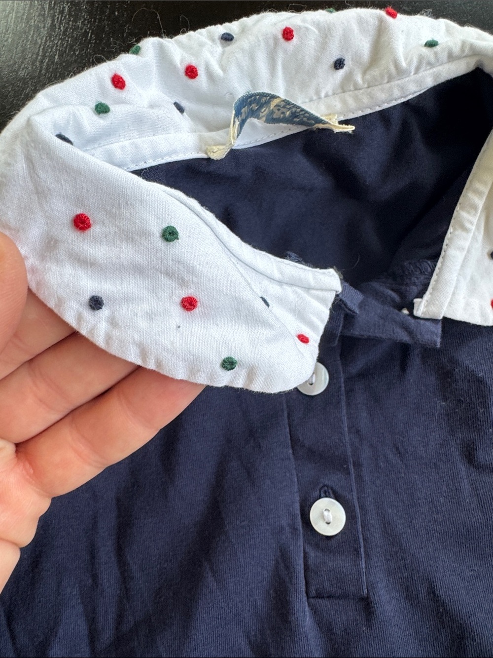 Girls' Navy Long-Sleeve Polo Top with White Dot Collar - Picture 3 of 4